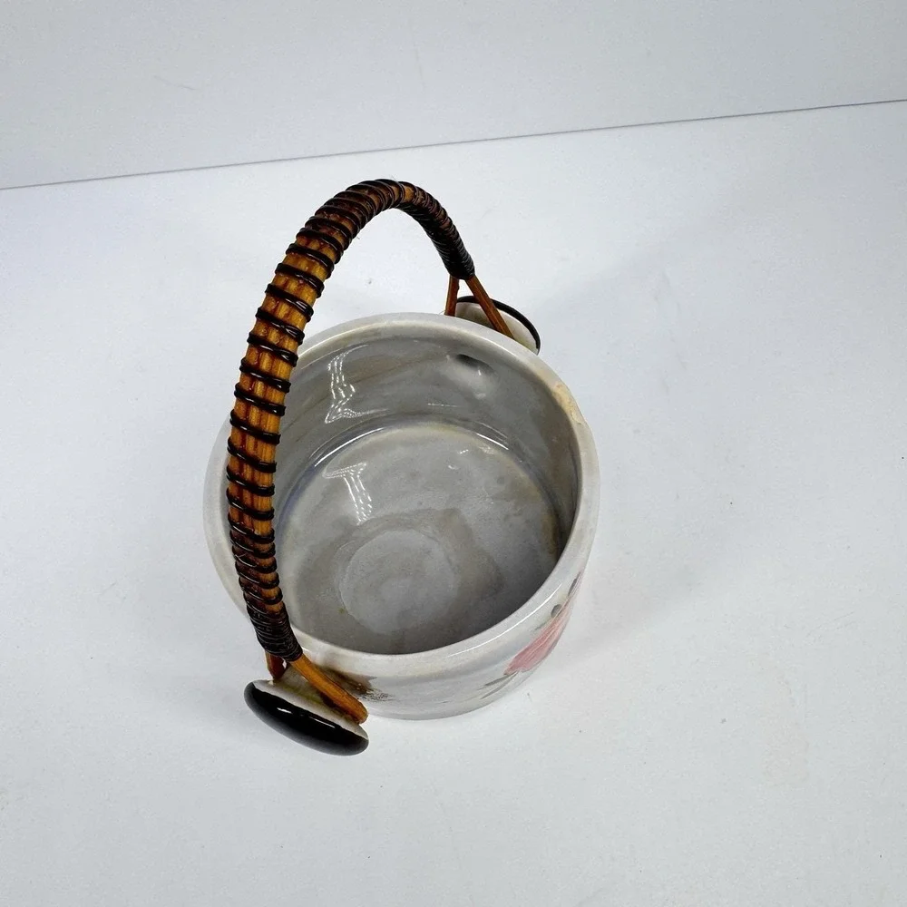 Vintage Mini Ceramic Basket Red Floral Wire Wrapped Handle Cottage‎ Decor